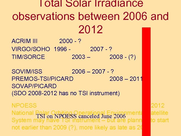 Total Solar Irradiance observations between 2006 and 2012 ACRIM III 2000 - ? VIRGO/SOHO