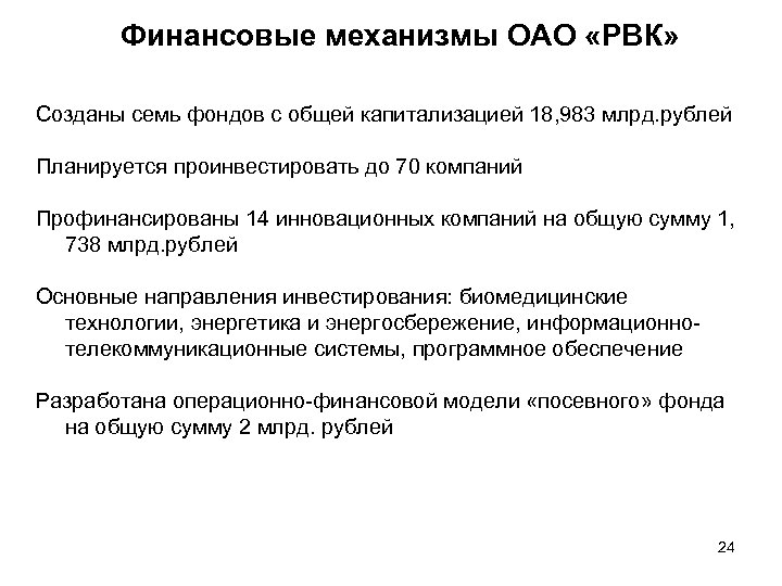 Финансовые механизмы ОАО «РВК» Созданы семь фондов с общей капитализацией 18, 983 млрд. рублей