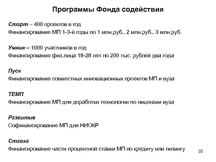 Программы Фонда содействия Старт – 400 проектов в год Финансирование МП 1 -3 -й