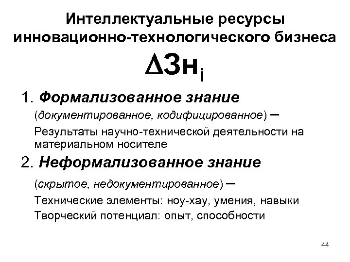 Интеллектуальные ресурсы инновационно-технологического бизнеса Знi 1. Формализованное знание (документированное, кодифицированное) – Результаты научно-технической деятельности