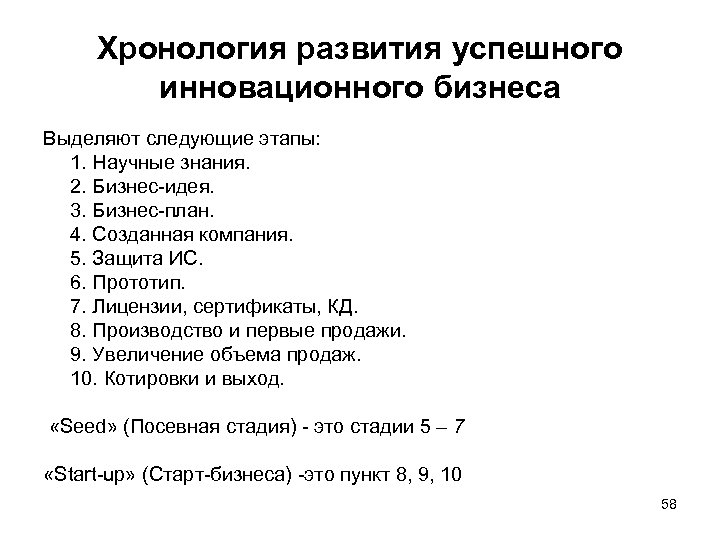 Хронология развития успешного инновационного бизнеса Выделяют следующие этапы: 1. Научные знания. 2. Бизнес-идея. 3.