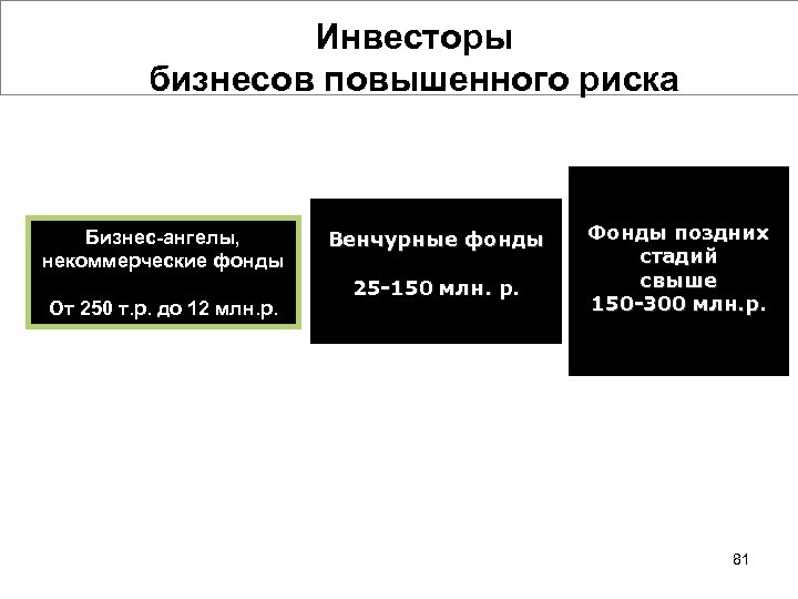  Инвесторы бизнесов повышенного риска Бизнес-ангелы, некоммерческие фонды От 250 т. р. до 12
