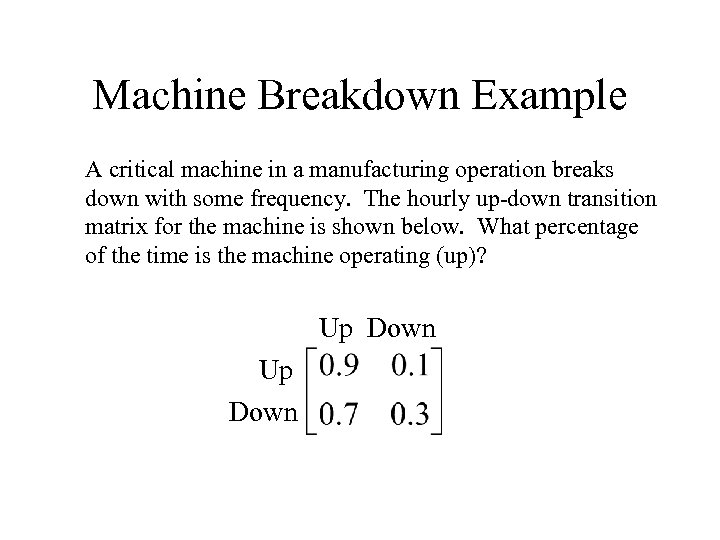 Machine Breakdown Example A critical machine in a manufacturing operation breaks down with some