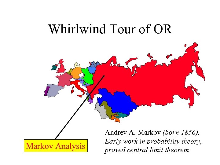 Whirlwind Tour of OR Markov Analysis Andrey A. Markov (born 1856). Early work in