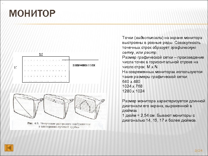 . МОНИТОР Точки (видеопиксели) на экране монитора выстроены в ровные ряды. Совокупность точечных строк