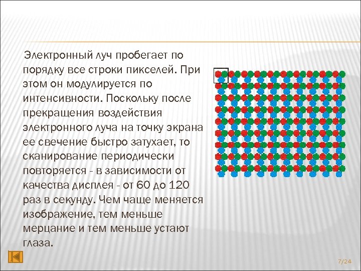 Электронный луч пробегает по порядку все строки пикселей. При этом он модулируется по интенсивности.