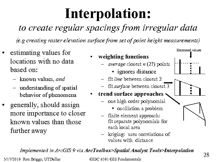 Interpolation: to create regular spacings from irregular data (e. g creating raster elevation surface