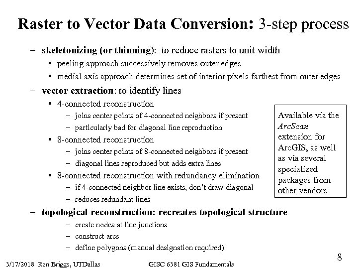 Raster to Vector Data Conversion: 3 -step process – skeletonizing (or thinning): to reduce