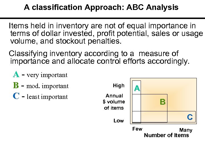 A classification Approach: ABC Analysis Items held in inventory are not of equal importance