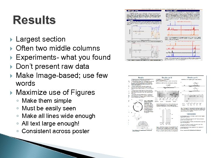 Results Largest section Often two middle columns Experiments- what you found Don’t present raw