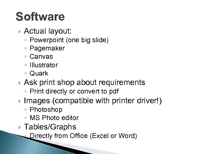 Software Actual layout: ◦ ◦ ◦ Powerpoint (one big slide) Pagemaker Canvas Illustrator Quark