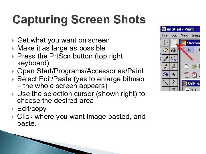 Capturing Screen Shots Get what you want on screen Make it as large as