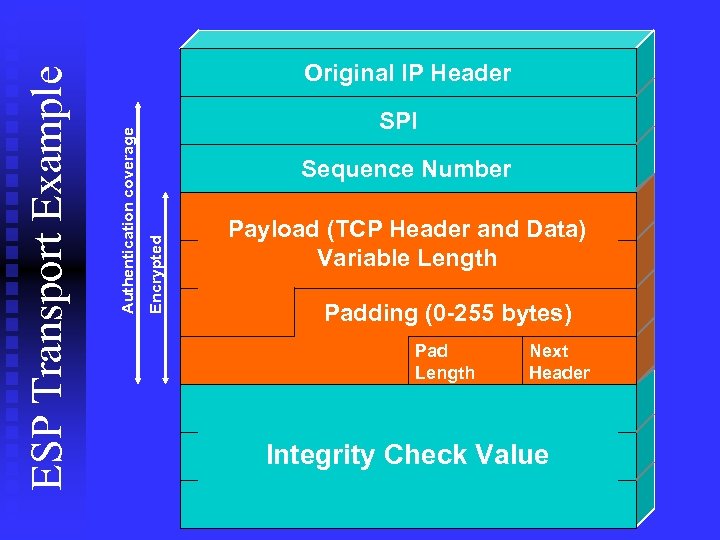 SPI Sequence Number Encrypted Authentication coverage ESP Transport Example Original IP Header Payload (TCP