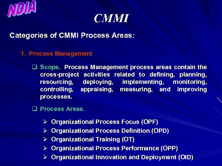 CMMI Categories of CMMI Process Areas: 1. Process Management q Scope. Process Management process