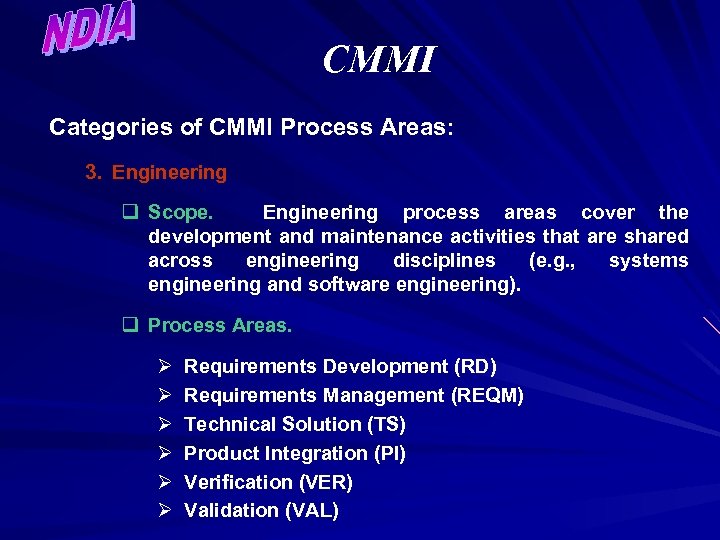 CMMI Categories of CMMI Process Areas: 3. Engineering q Scope. Engineering process areas cover