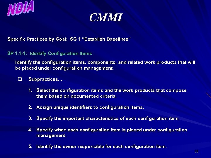 CMMI Specific Practices by Goal: SG 1 “Establish Baselines” SP 1. 1 -1: Identify