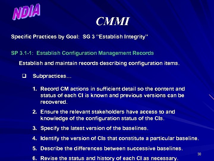 CMMI Specific Practices by Goal: SG 3 “Establish Integrity” SP 3. 1 -1: Establish