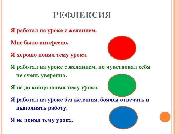 РЕФЛЕКСИЯ Я работал на уроке с желанием. Мне было интересно. Я хорошо понял тему