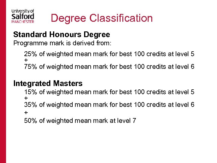 Degree Classification Standard Honours Degree Programme mark is derived from: 25% of weighted mean