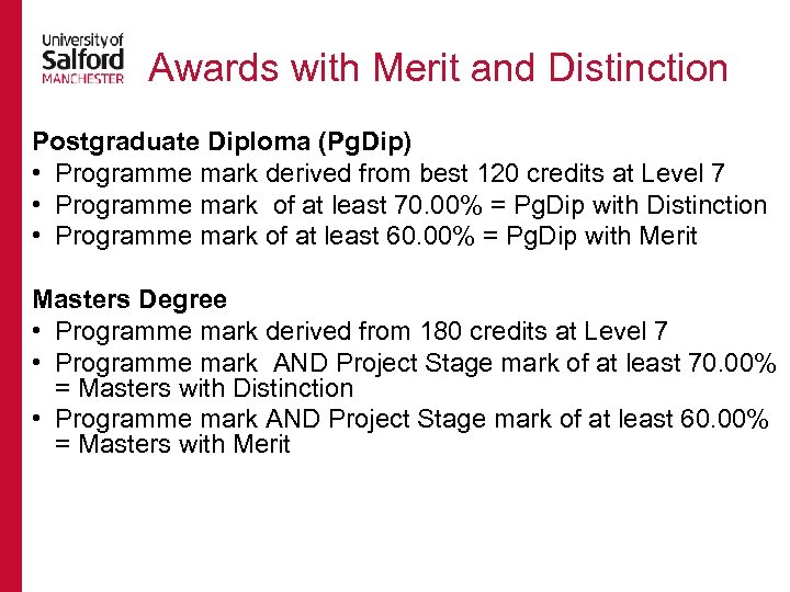 Awards with Merit and Distinction Postgraduate Diploma (Pg. Dip) • Programme mark derived from