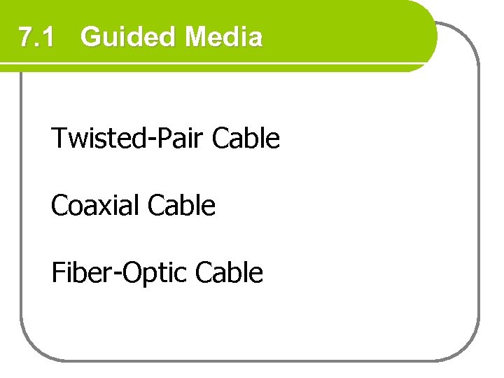 7. 1 Guided Media Twisted-Pair Cable Coaxial Cable Fiber-Optic Cable 