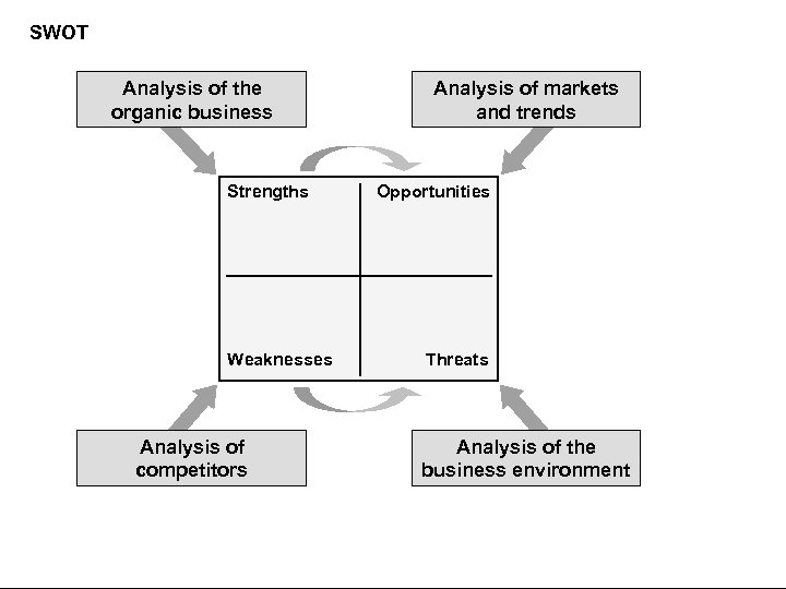 SWOT Analysis of the organic business Strengths Weaknesses Analysis of competitors Analysis of markets