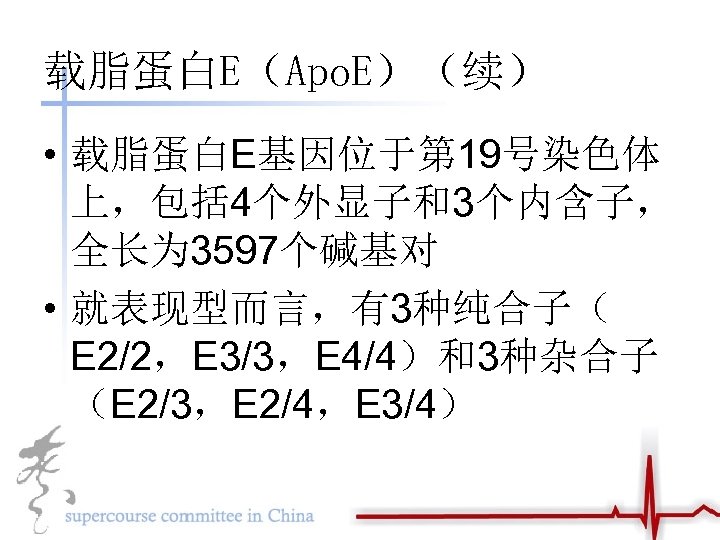 载脂蛋白E（Apo. E）（续） • 载脂蛋白E基因位于第 19号染色体 上，包括 4个外显子和3个内含子， 全长为 3597个碱基对 • 就表现型而言，有3种纯合子（ E 2/2，E 3/3，E