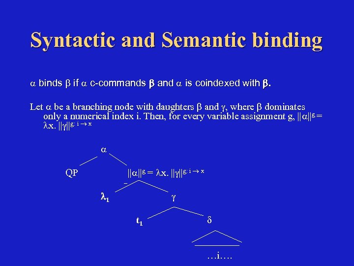Syntactic and Semantic binding binds if c-commands and is coindexed with . Let be