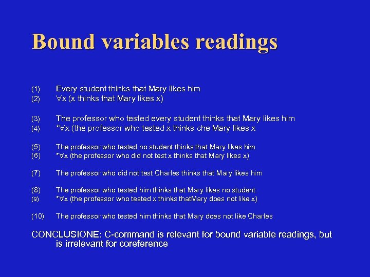 Bound variables readings (1) (2) Every student thinks that Mary likes him x (x