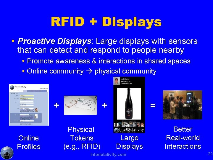 RFID + Displays Proactive Displays: Large displays with sensors that can detect and respond