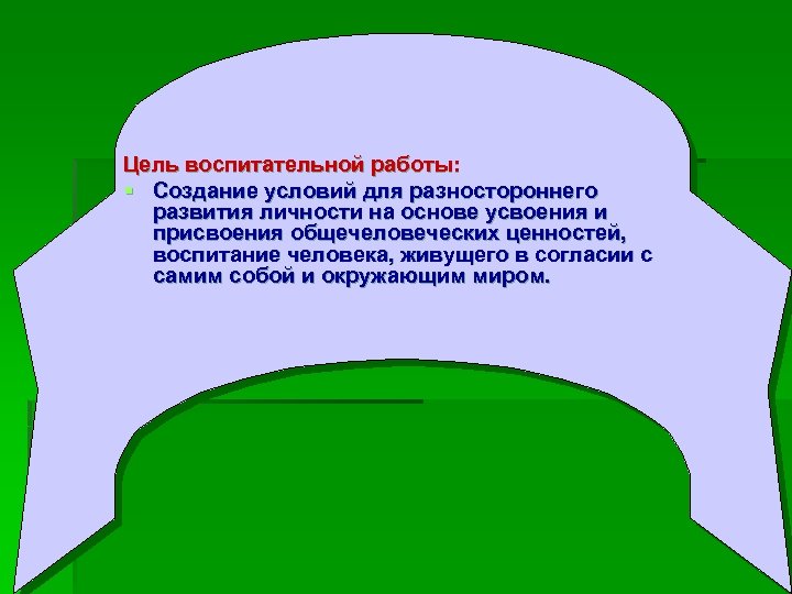 Цель воспитательной работы: § Создание условий для разностороннего развития личности на основе усвоения и