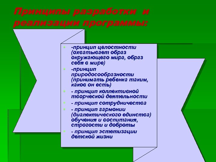 Принципы разработки и реализации программы: § -принцип целостности (охватывает образ окружающего мира, образ себя