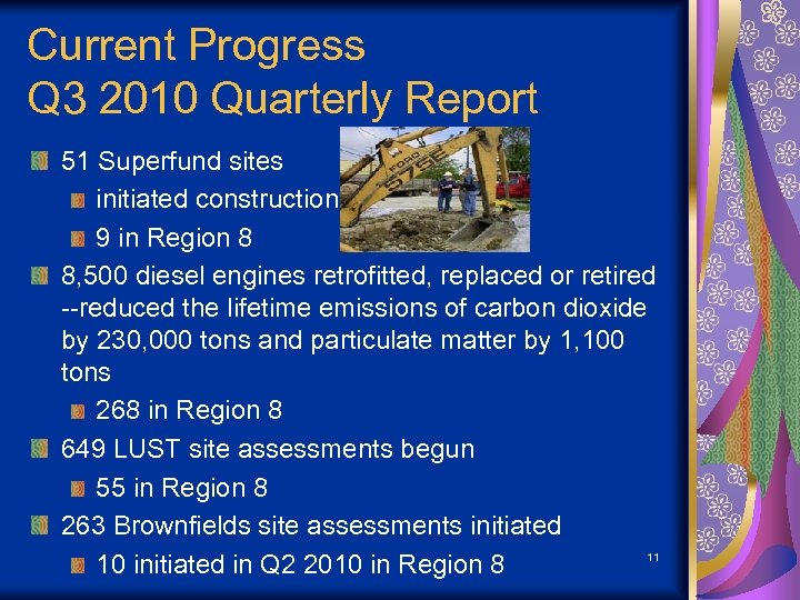 Current Progress Q 3 2010 Quarterly Report 51 Superfund sites initiated construction 9 in