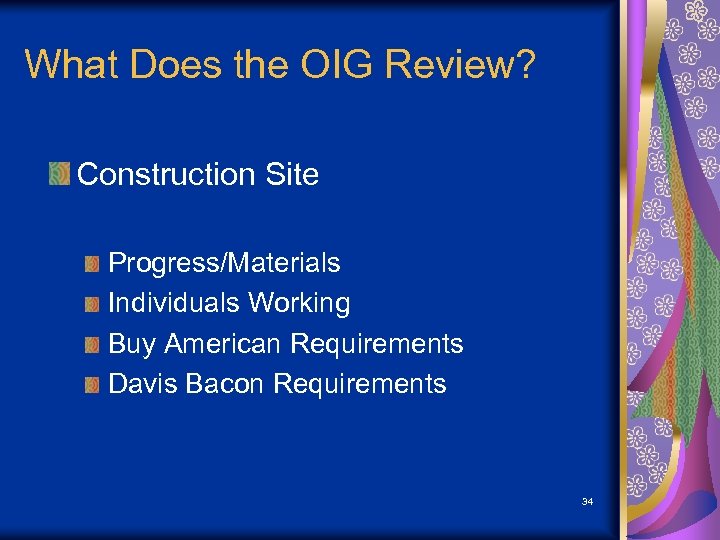 What Does the OIG Review? Construction Site Progress/Materials Individuals Working Buy American Requirements Davis