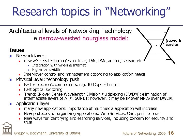 Research topics in “Networking” Architectural levels of Networking Technology a narrow-waisted hourglass model: Network
