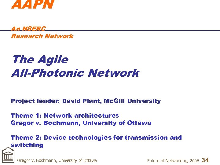 AAPN An NSERC Research Network The Agile All-Photonic Network Project leader: David Plant, Mc.