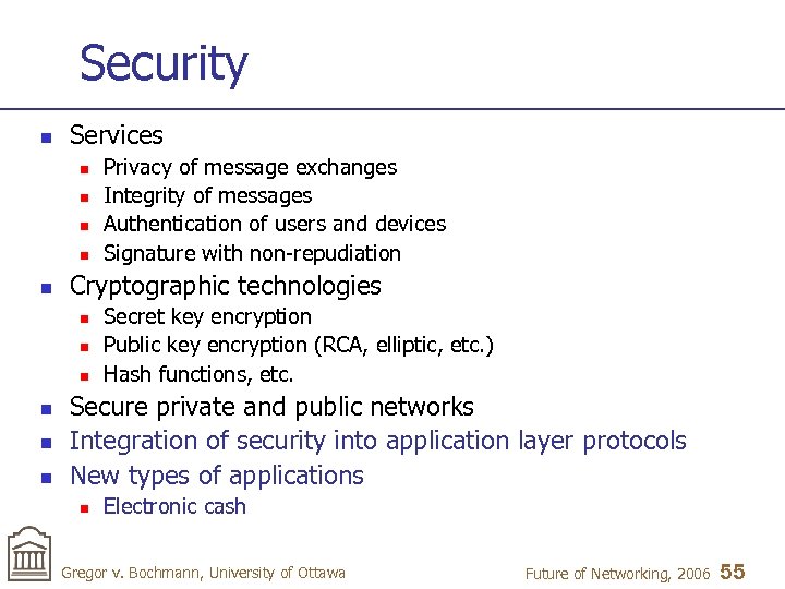 Security n Services n n n Cryptographic technologies n n n Privacy of message
