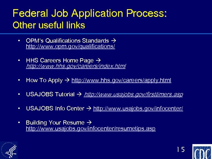 Federal Job Application Process: Other useful links • OPM’s Qualifications Standards http: //www. opm.