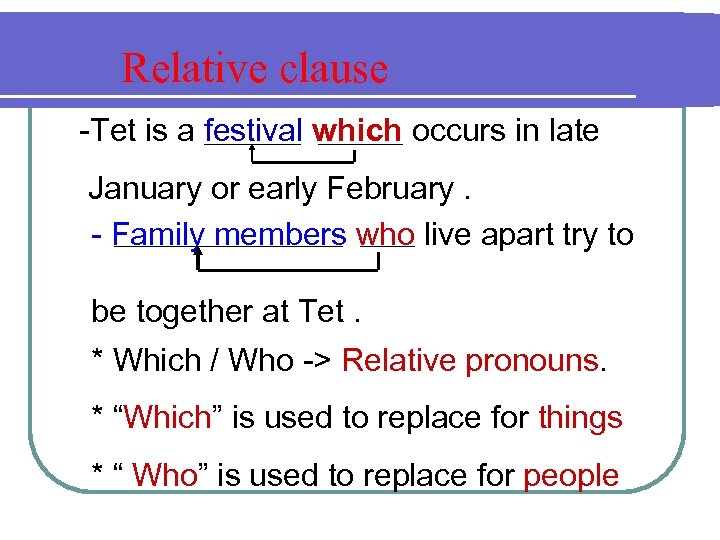Relative clause -Tet is a festival which occurs in late January or early February.