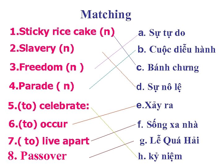 Matching 1. Sticky rice cake (n) a. Sự tự do 2. Slavery (n) b.