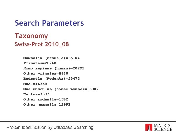 Search Parameters Taxonomy Swiss-Prot 2010_08 Mammalia (mammals)=65104 Primates=26940 Homo sapiens (human)=20292 Other primates=6648 Rodentia