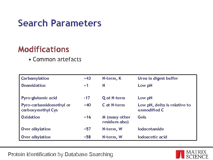 Search Parameters Modifications • Common artefacts Carbamylation +43 N-term, K Urea in digest buffer