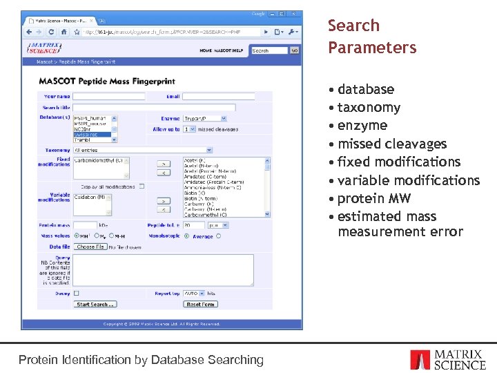 Search Parameters • database • taxonomy • enzyme • missed cleavages • fixed modifications