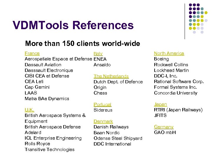 VDMTools References More than 150 clients world-wide France Aerospatiale Espace et Defense Dassault Aviation