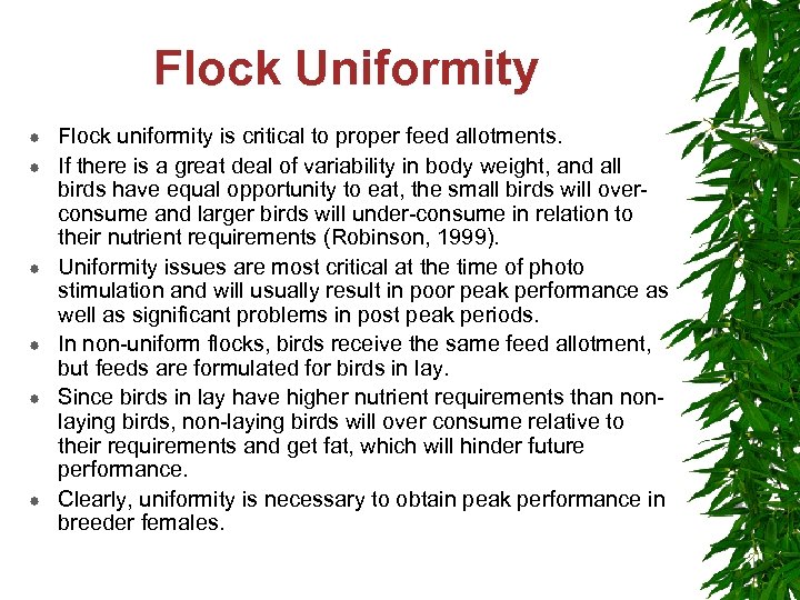 Flock Uniformity Flock uniformity is critical to proper feed allotments. If there is a