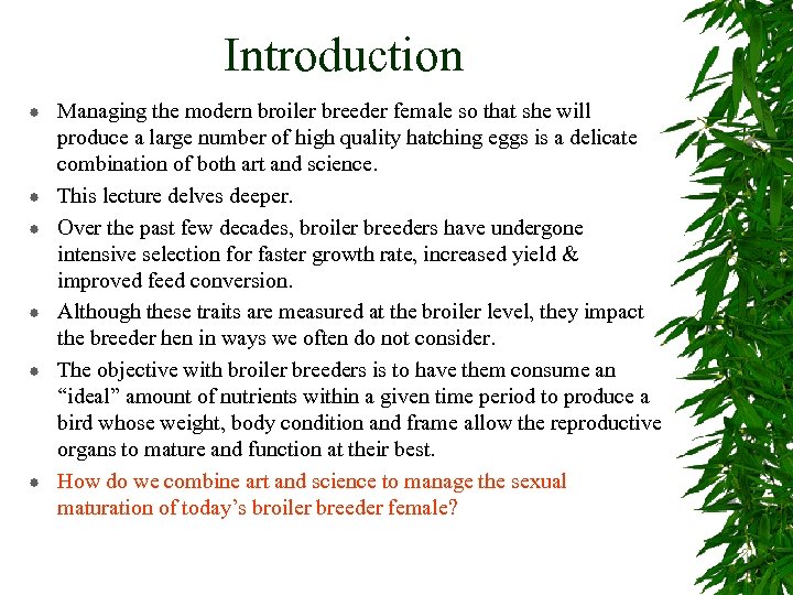 Introduction Managing the modern broiler breeder female so that she will produce a large