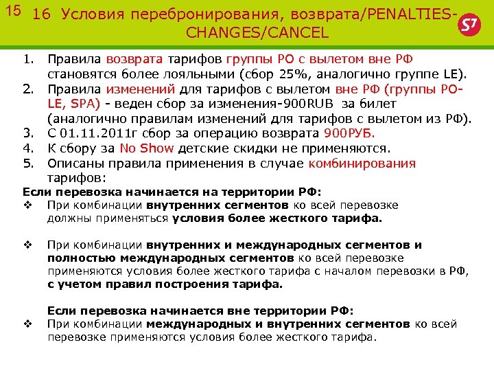 15 16 Условия перебронирования, возврата/PENALTIESCHANGES/CANCEL 1. Правила возврата тарифов группы PO с вылетом вне