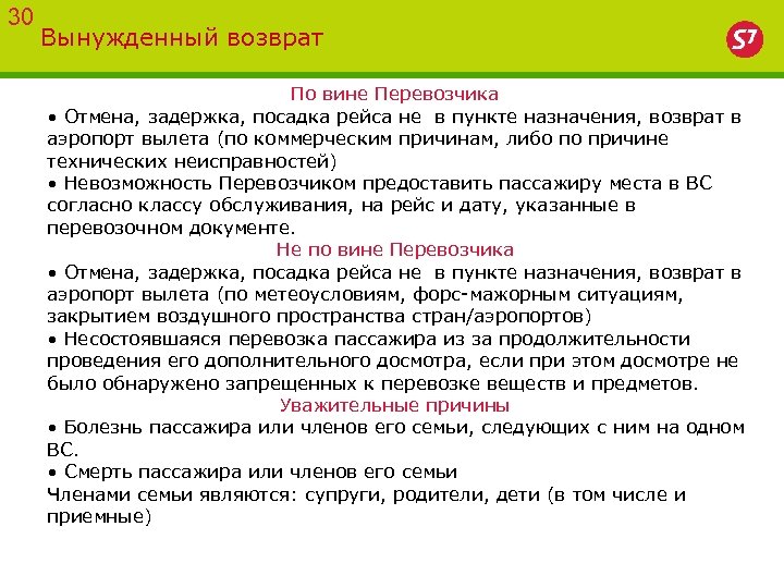 30 Вынужденный возврат По вине Перевозчика • Отмена, задержка, посадка рейса не в пункте