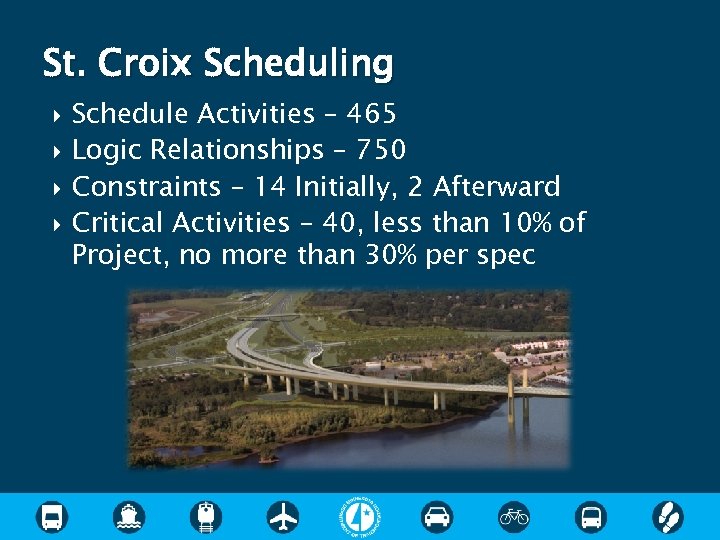 St. Croix Scheduling Schedule Activities – 465 Logic Relationships – 750 Constraints – 14
