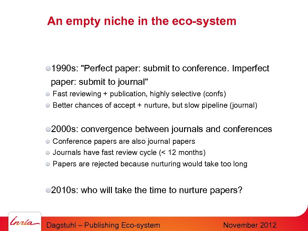 An empty niche in the eco-system 1990 s: "Perfect paper: submit to conference. Imperfect